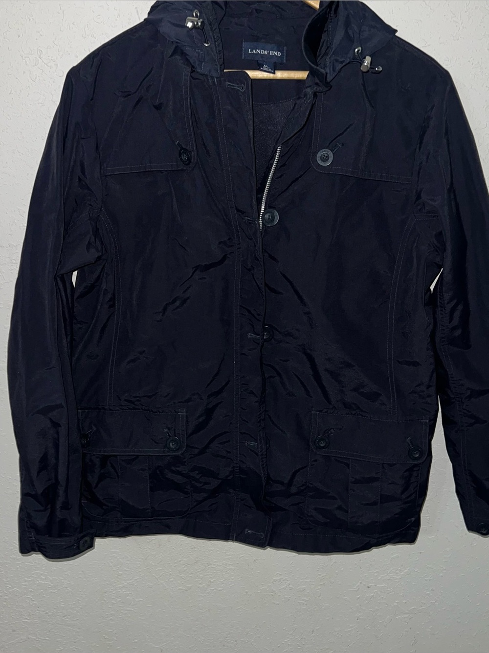 Lands' End Navy Blue Jacket Removable Hoodie Zip and Button Closure Size Medium